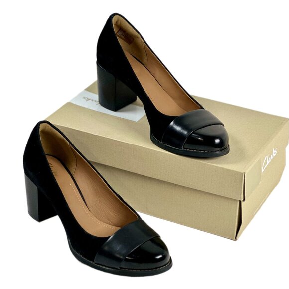 Clark's Shoes - Clarks Artisan Tarah Brae Black Suede Patent Leather Pumps Women’s Size 6.5M